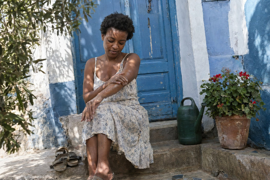 Woman rubbing body oil into her arms on the back step of her house