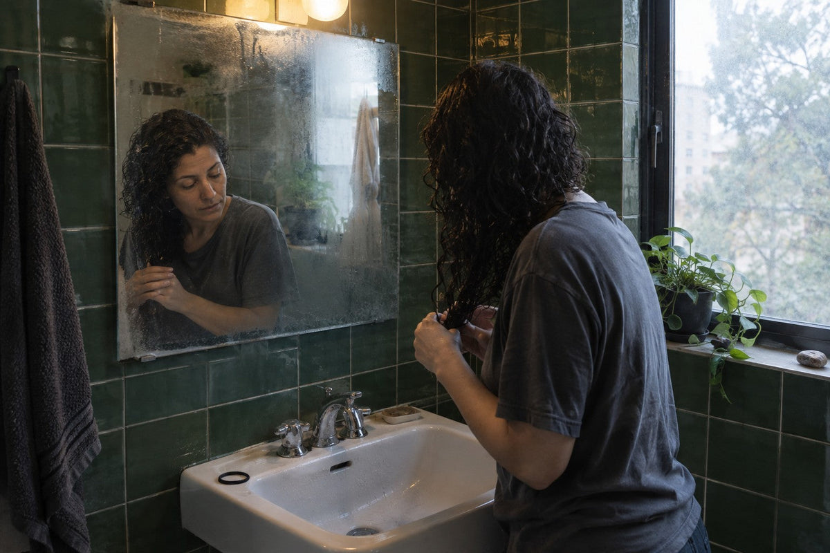 Woman working oil into wet curly hair in a green-tiled bathroom