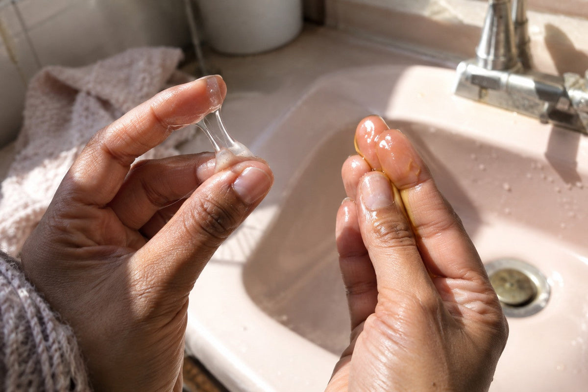 Hands comparing a clear silicone serum with golden argan oil between the fingers