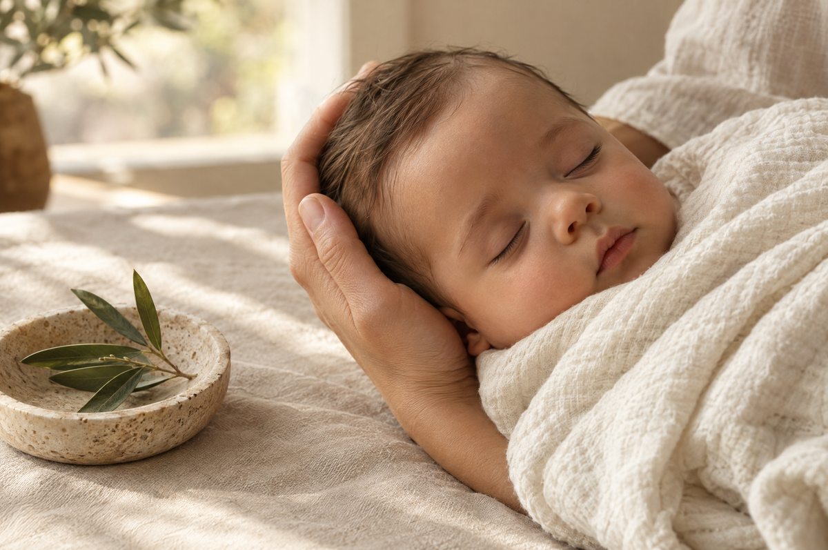 Parent's hand resting on a sleeping baby's head beside argan leaves, illustrating whether argan oil is safe for babies