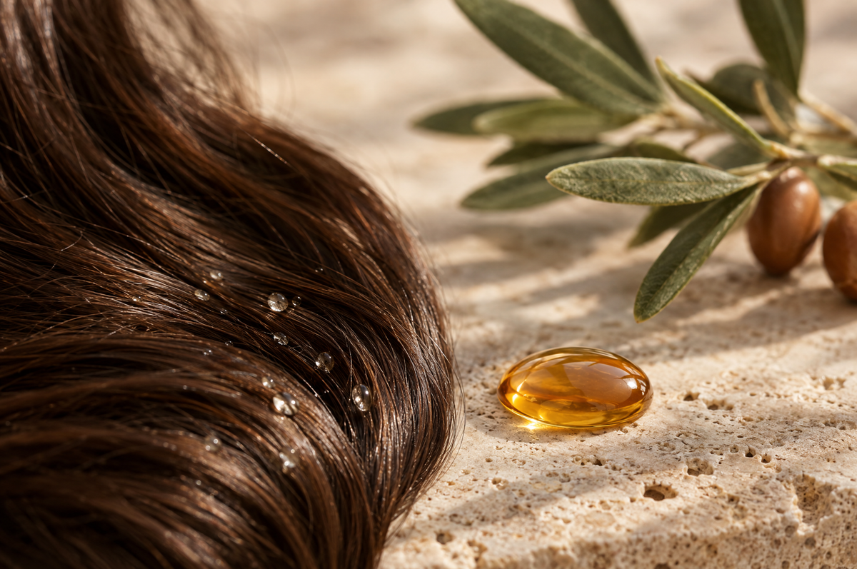 Water beading on glossy hair strands beside a drop of oil, showing argan oil for low porosity hair