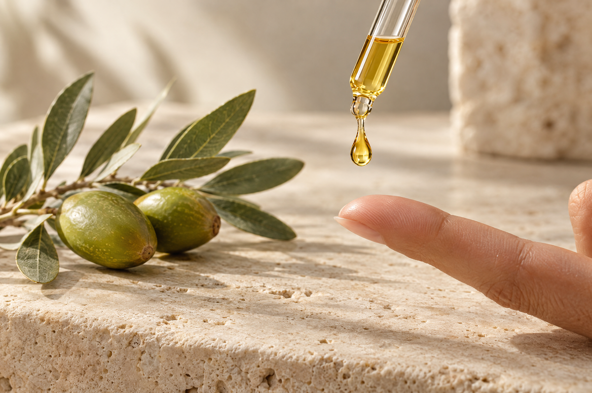 A single drop of argan oil falling from a glass dropper onto a fingertip beside argan leaves