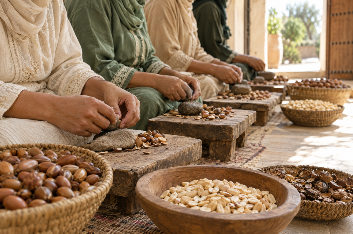 Women's hands cracking argan nuts by hand in a Moroccan cooperative, the labor behind the argan oil price