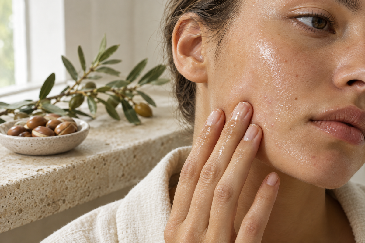 Fingertips pressing a few drops of argan oil into acne-prone skin along the jawline