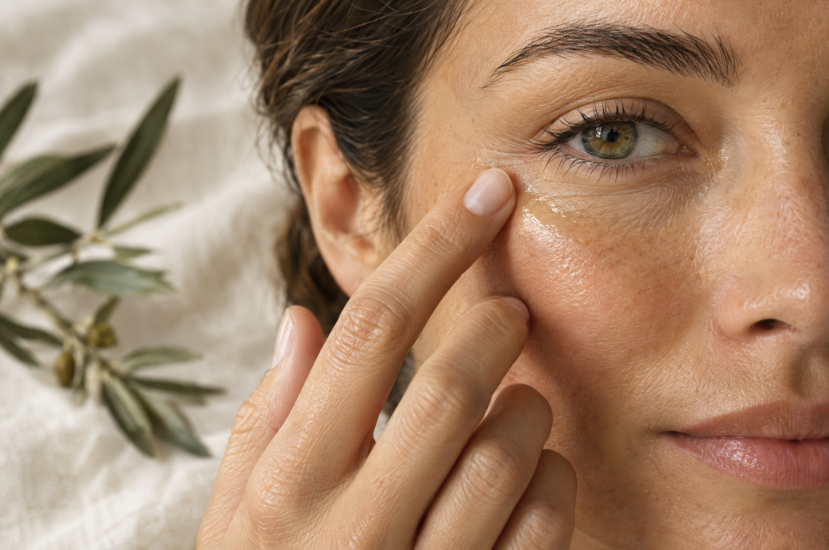 Ring finger tapping a thin layer of argan oil along the orbital bone under the eye