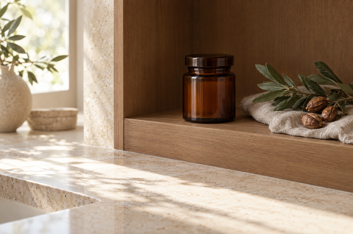 Amber glass bottle of argan oil stored on a shaded cabinet shelf away from sunlight