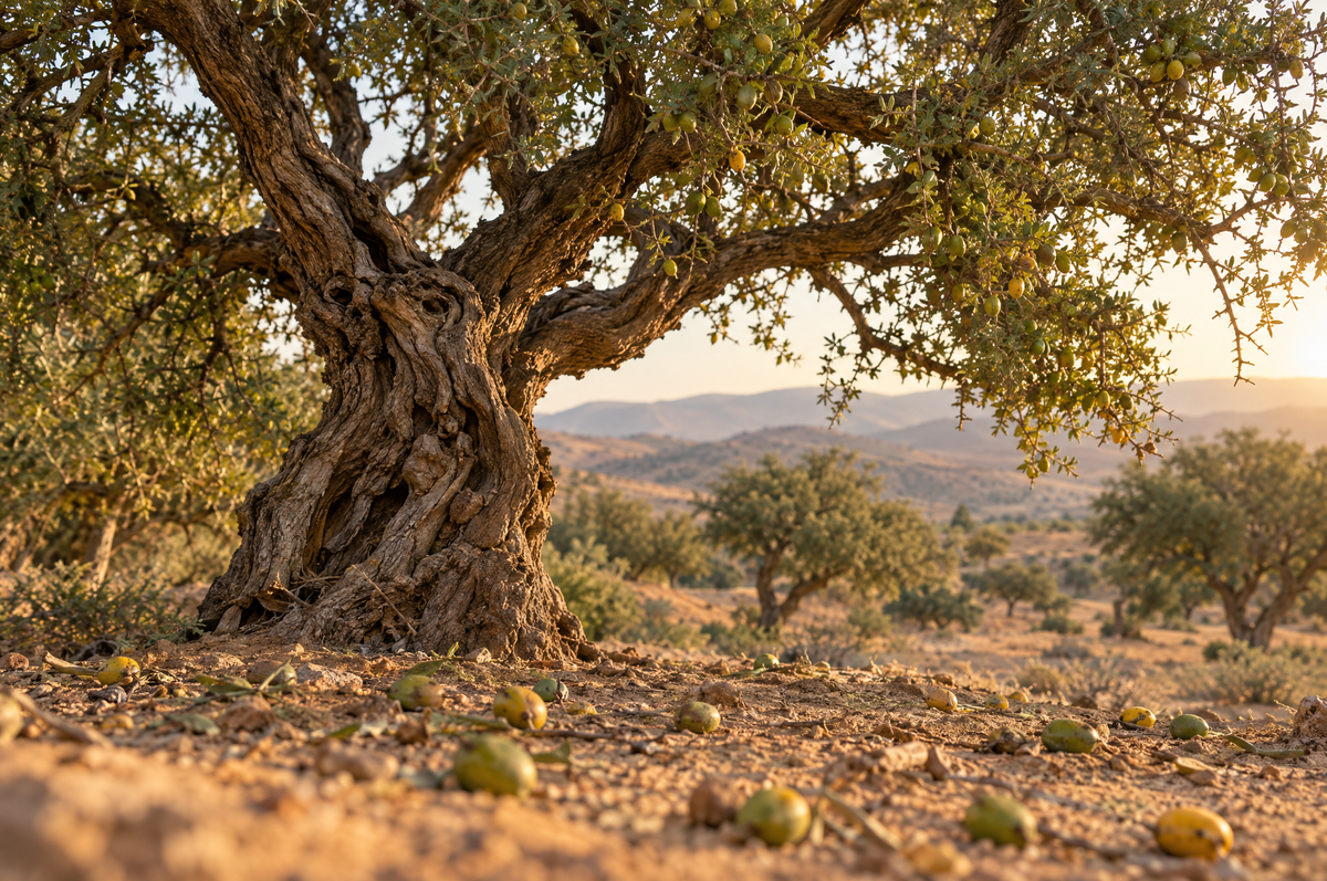 A gnarled argan tree in a Moroccan argan grove with fallen green and yellow argan fruit