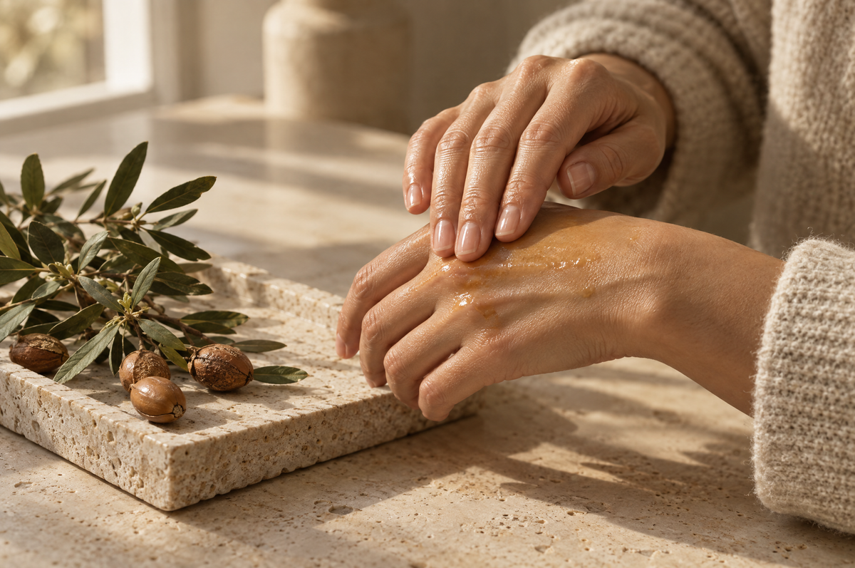 Hands massaging argan oil into dry skin on a winter morning beside argan leaves