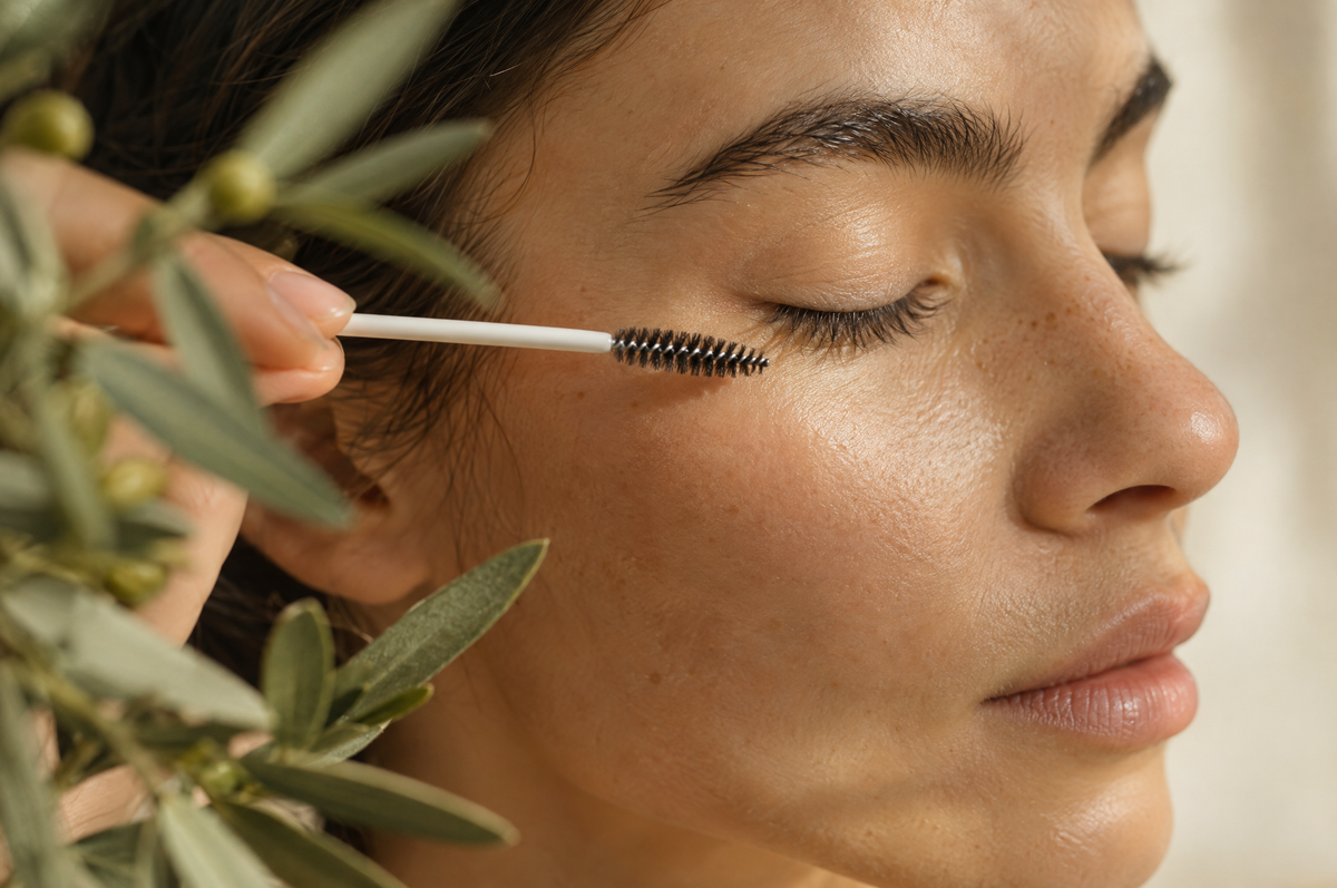Close-up of natural eyelashes with a clean spoolie wand, illustrating argan oil for eyelashes