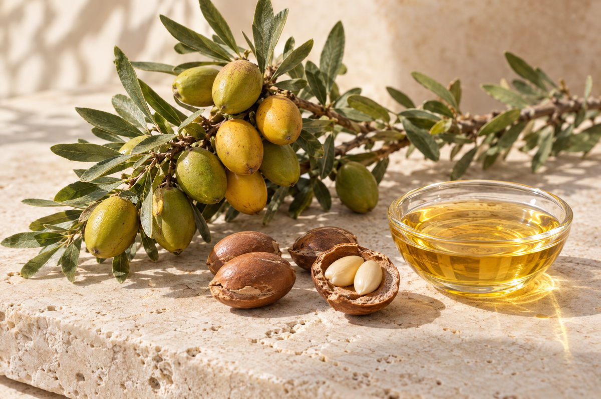 Argan branch with fruit, cracked nut, kernels and a dish of golden argan oil on travertine