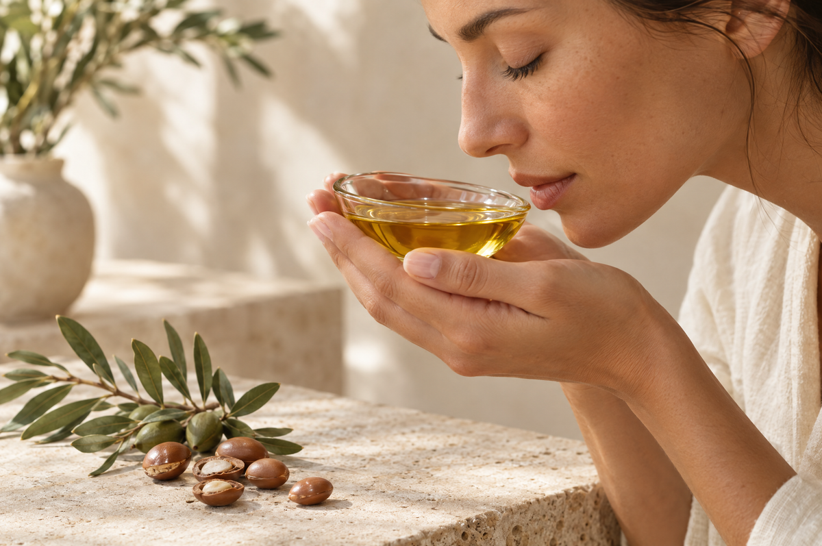 A woman smelling a small dish of argan oil, with raw argan kernels and leaves on the counter