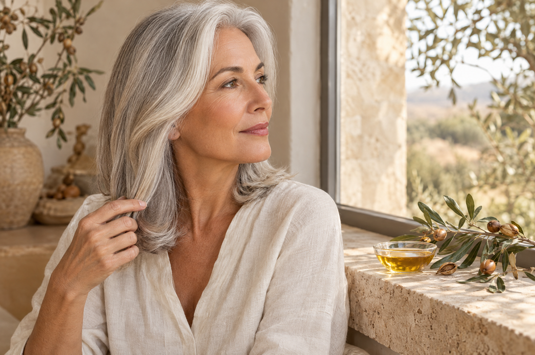 Woman smoothing soft, shiny silver hair, illustrating argan oil for gray hair