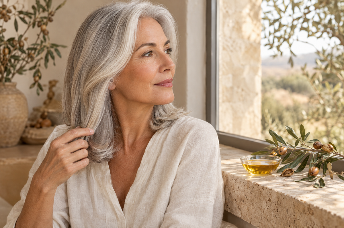 Woman smoothing soft, shiny silver hair, illustrating argan oil for gray hair