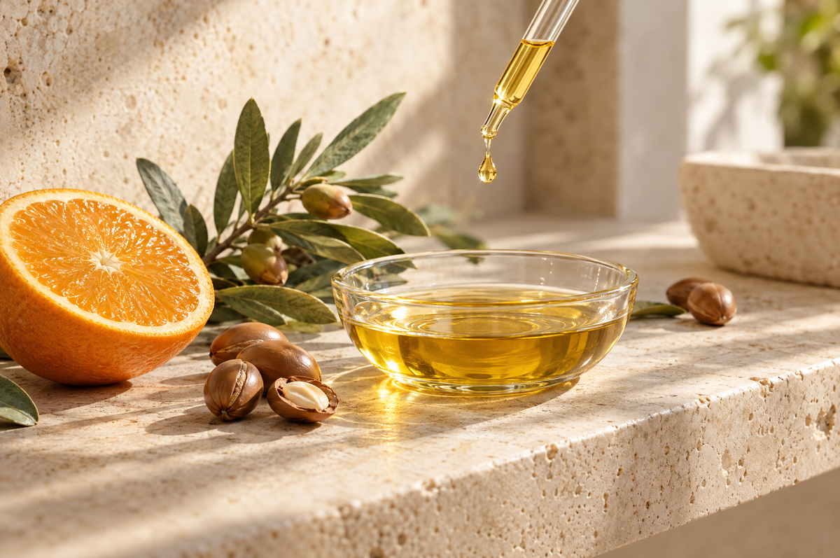 A dish of argan oil beside an amber serum dropper and half an orange on a sunlit travertine shelf