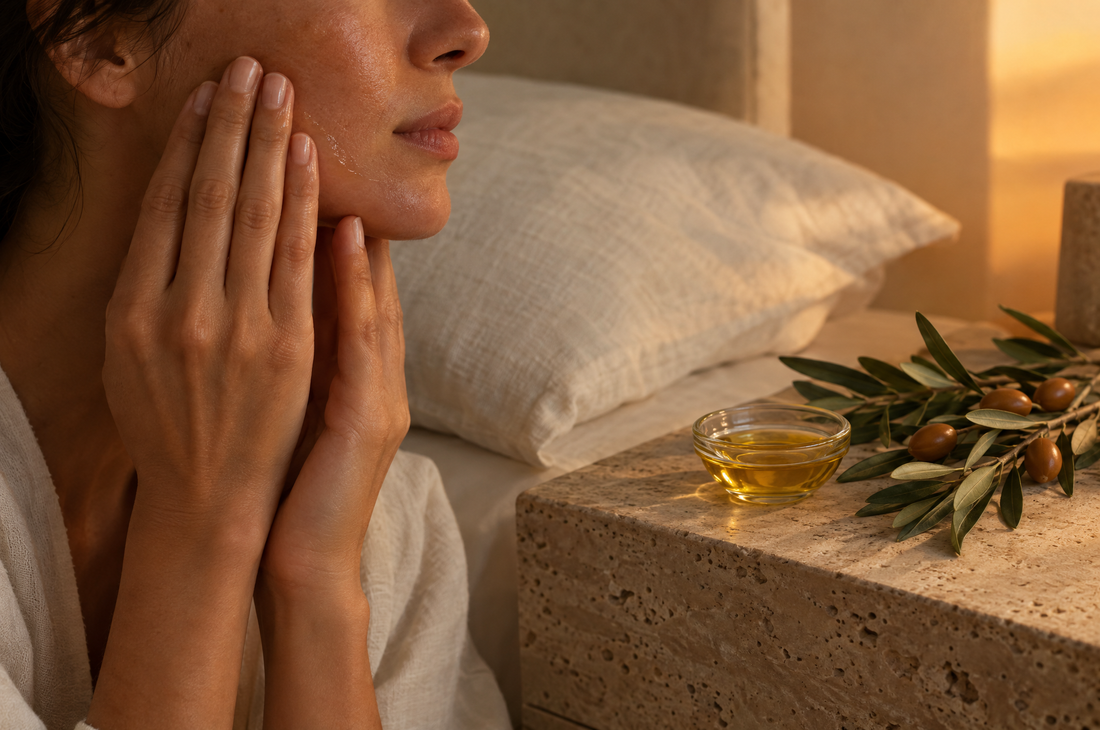 Hands pressing argan oil onto the face at night beside a glass dish of oil on a bedside table