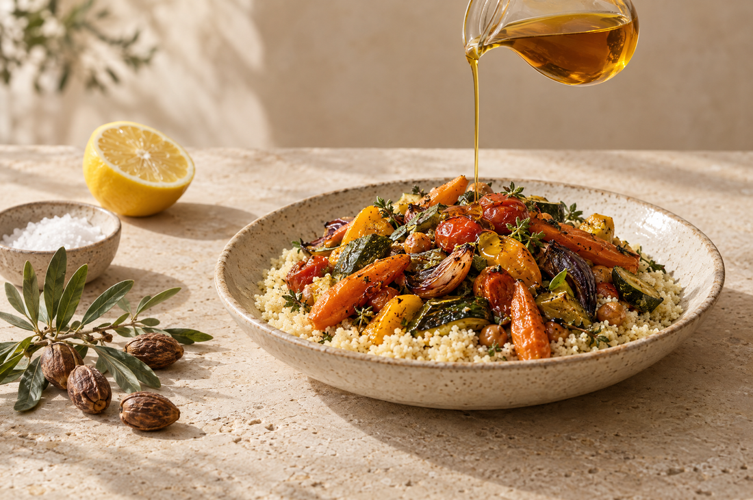 Amber culinary argan oil drizzled over couscous with roasted vegetables, lemon and sea salt
