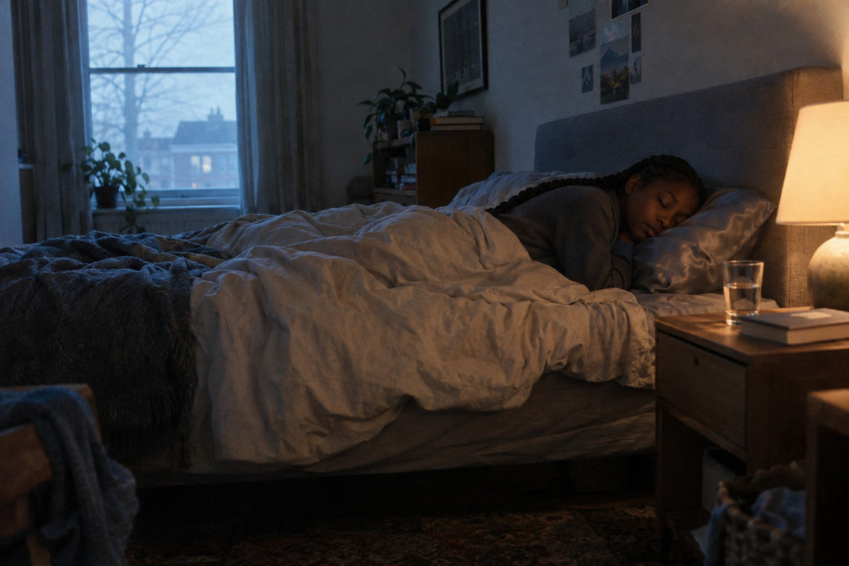 Woman asleep on a satin pillowcase with a long braid across the pillow
