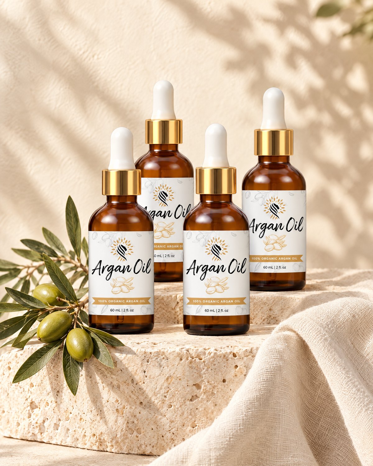 Four bottles of Argan Oil on travertine and cream linen with an argan sprig