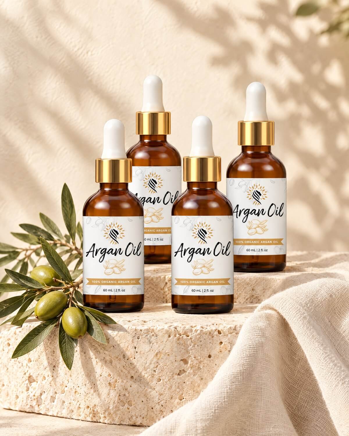 Four bottles of Argan Oil on travertine and cream linen with an argan sprig