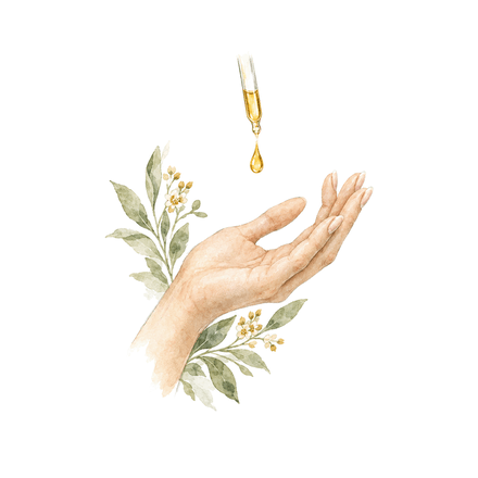 Watercolor of a hand receiving a drop of oil