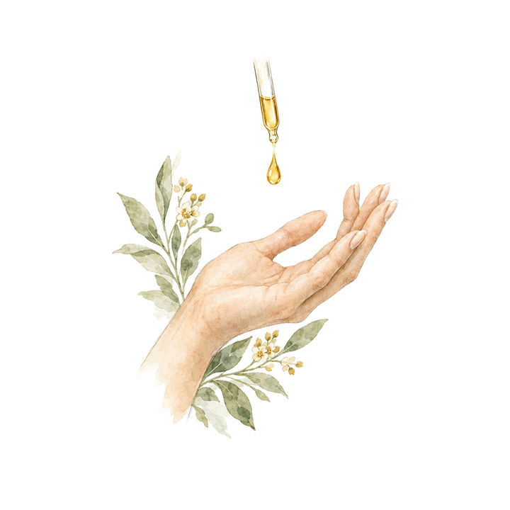 Watercolor of a hand receiving a drop of oil
