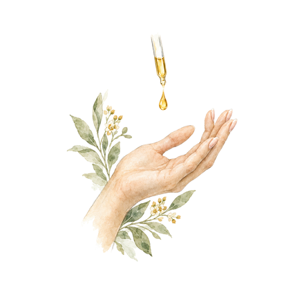 Watercolor of a hand receiving a drop of oil