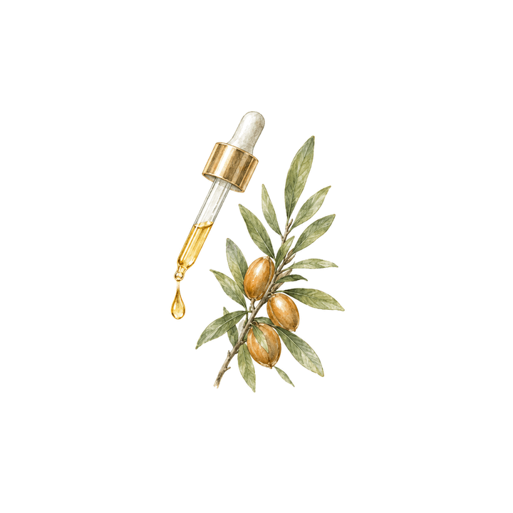 Watercolor of a glass dropper beside argan leaves