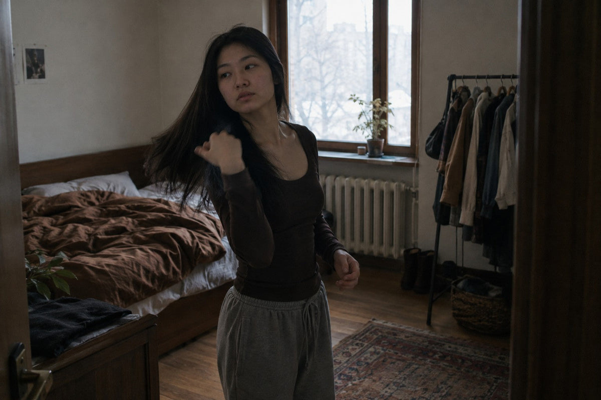 Woman flipping long straight black hair over her shoulder at home