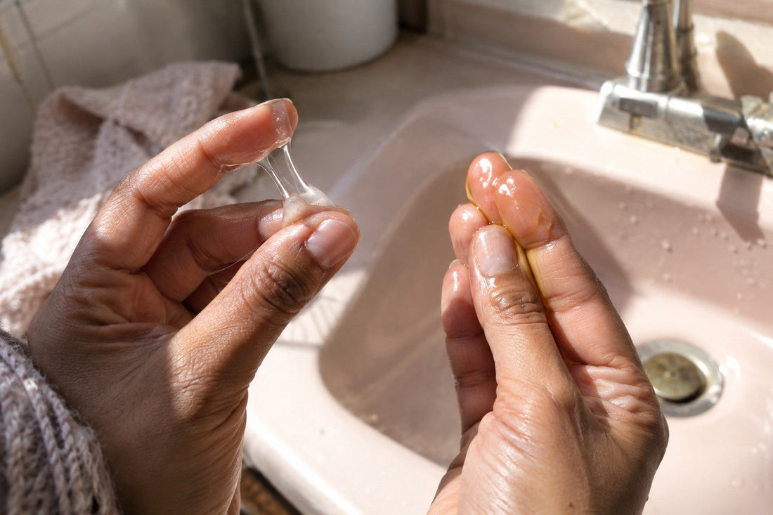 Hands comparing a clear silicone serum with golden argan oil between the fingers