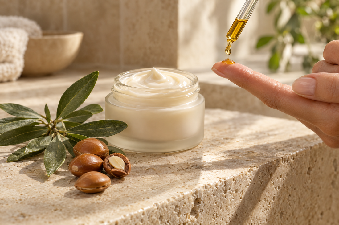 A drop of argan oil on a fingertip beside an open jar of moisturizer on a travertine ledge
