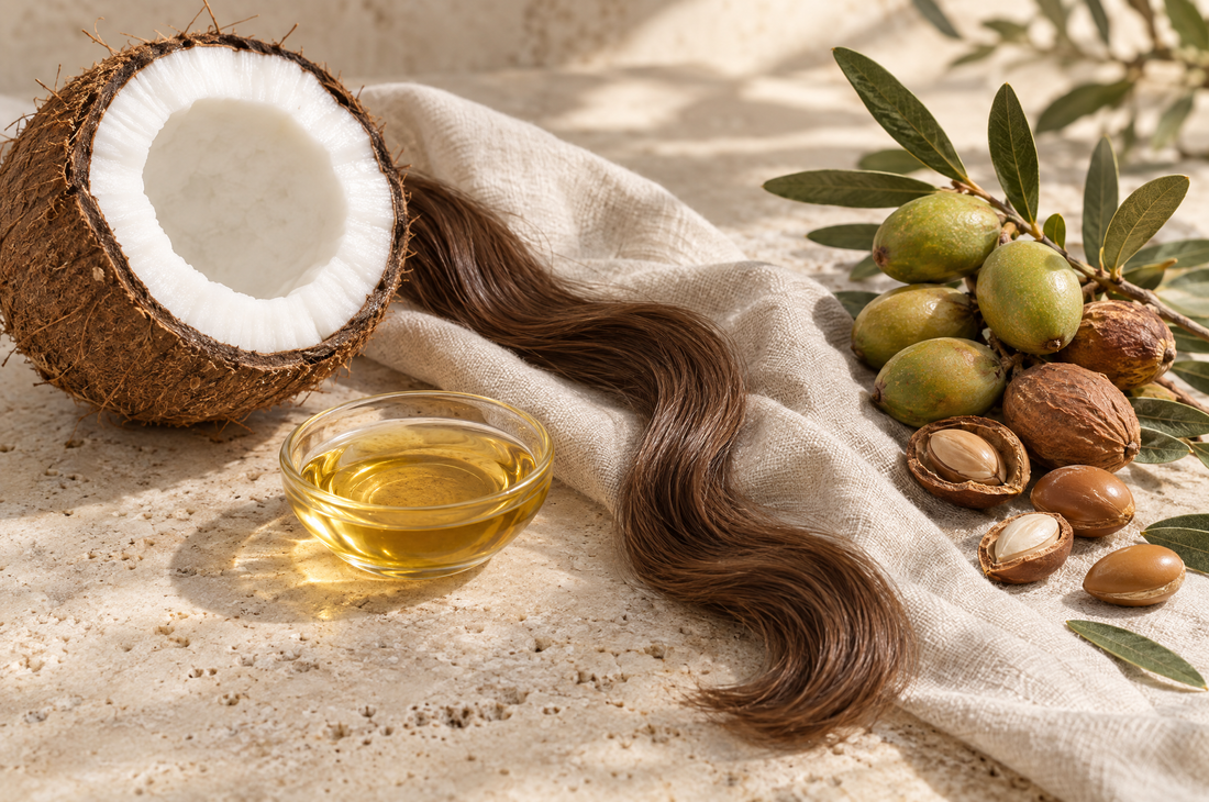 Halved coconut and argan fruit on travertine with a lock of hair, comparing argan oil vs coconut oil for hair