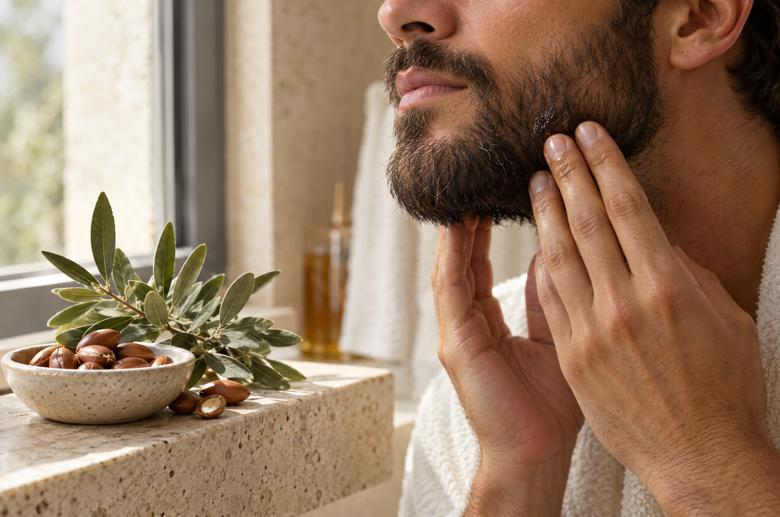 Man working argan oil into a medium-length beard after a shower
