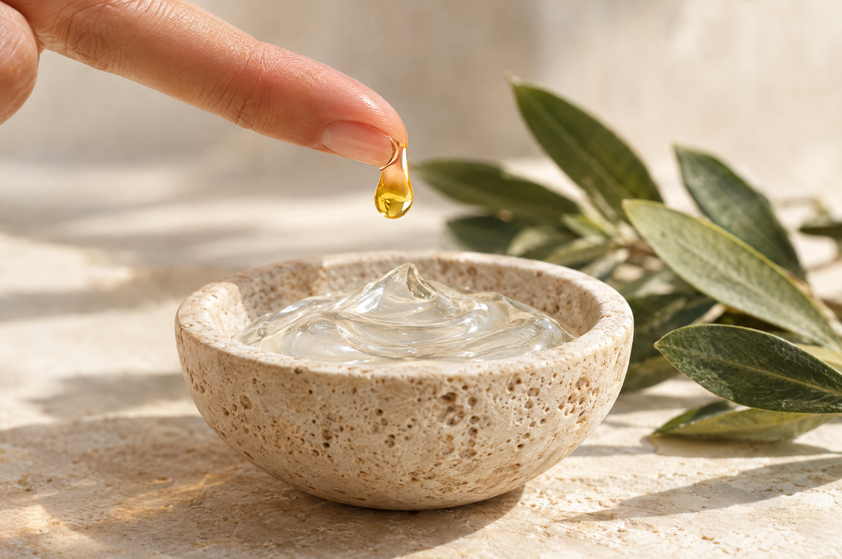 A single drop of argan oil on a fingertip above a light gel moisturizer for oily skin