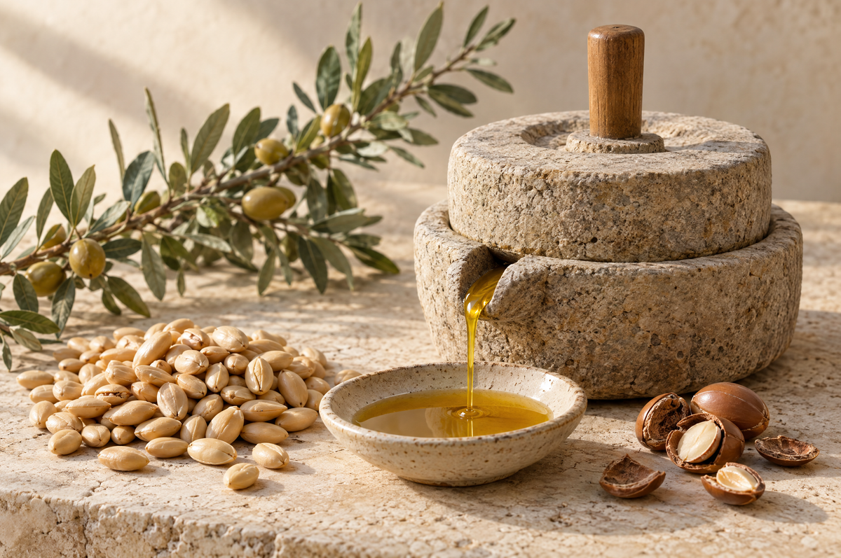 Golden cold pressed argan oil flowing from a stone mill beside unroasted argan kernels