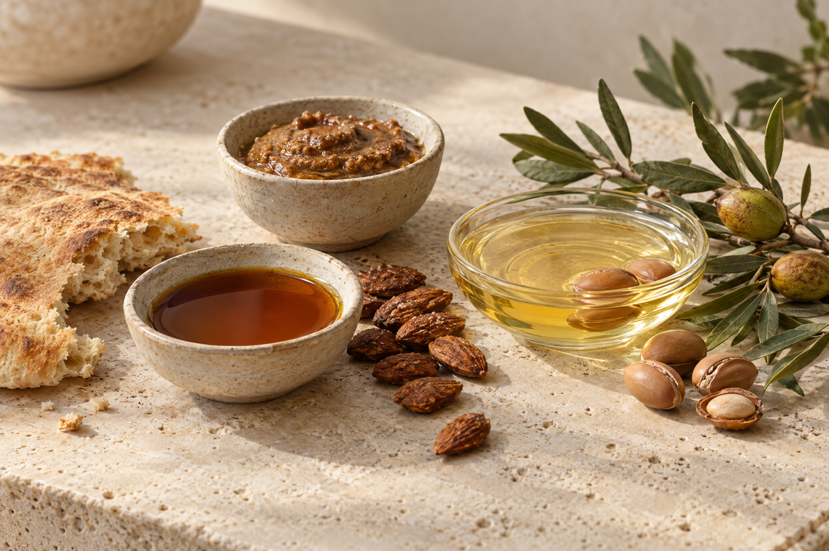 Dark culinary argan oil with bread and amlou beside a dish of pale cosmetic argan oil and raw kernels