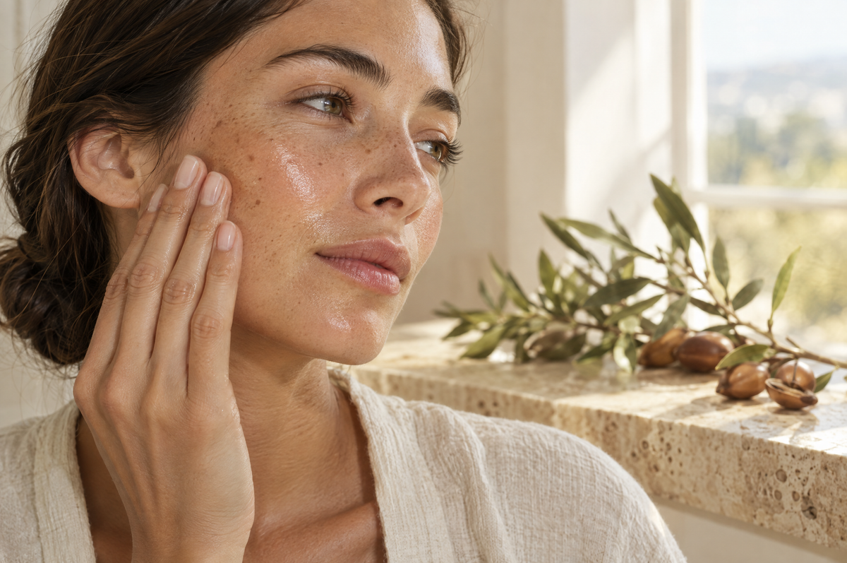 Woman pressing argan oil into her cheek in morning light, natural freckles and faint dark spots visible