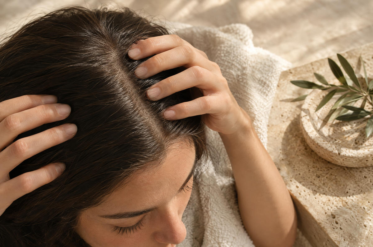 Fingertips parting hair to show a calm scalp, illustrating argan oil for dandruff and dry scalp