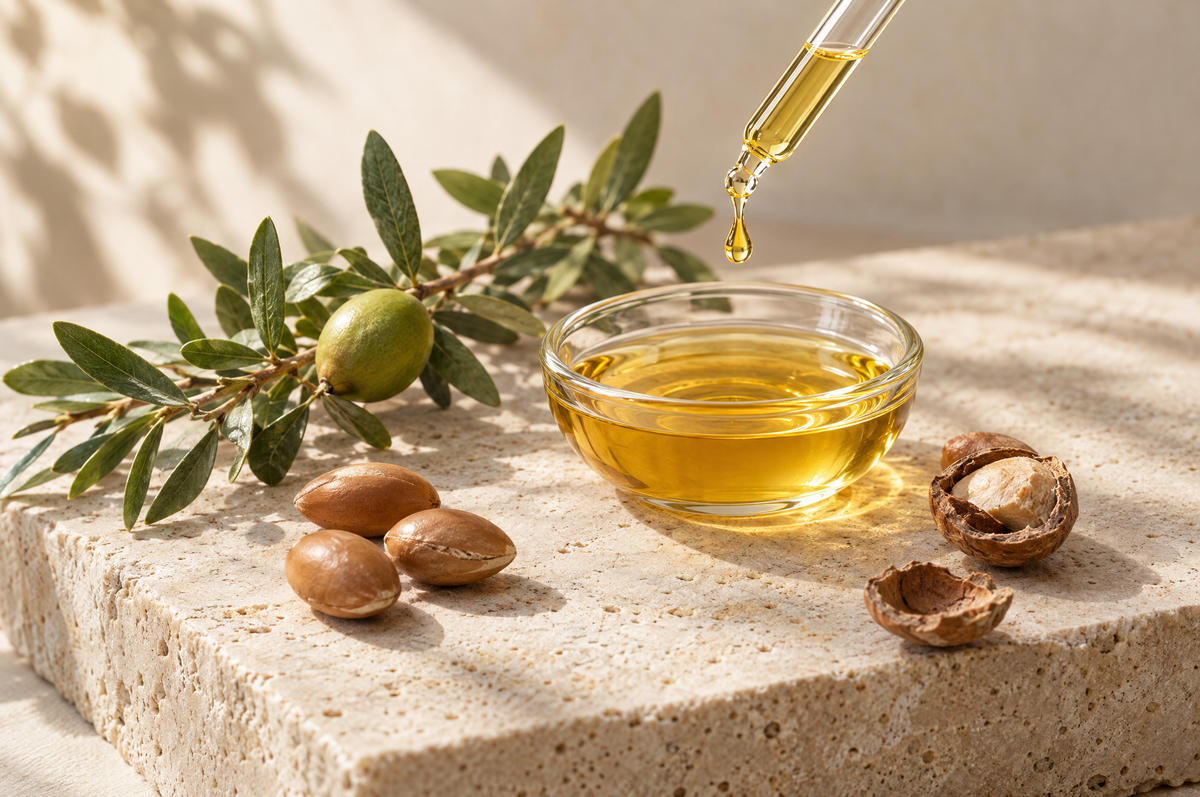 A glass dish of golden argan oil with a dropper on travertine, with argan kernels and a green argan branch
