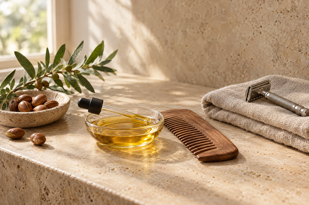 Argan oil dropper bottle with a beard comb, razor and linen towel on a travertine shelf