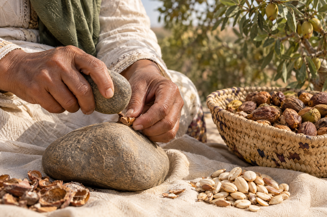 Hands cracking argan nuts between two stones beside a basket of dried argan fruit