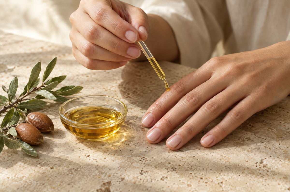 A drop of argan oil falling onto a cuticle from a glass dropper, with argan leaves on travertine