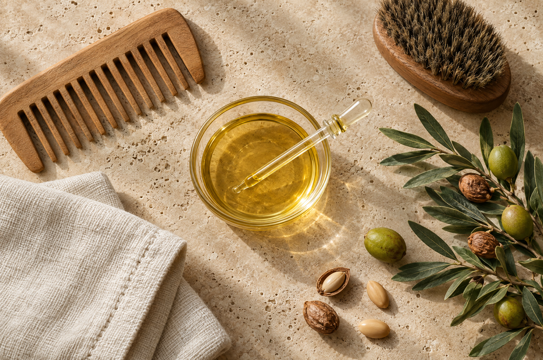Argan oil bottle surrounded by a comb, towel, beard brush and argan fruit on travertine