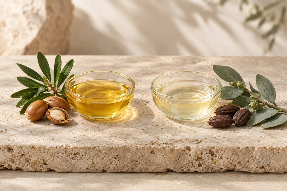 Argan oil and jojoba oil in glass dishes with argan kernels and jojoba seeds on travertine