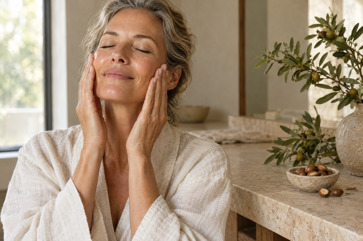 Woman in her fifties pressing argan oil into her cheeks, natural laugh lines visible in soft daylight