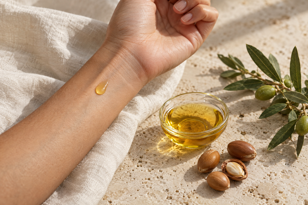 A drop of argan oil on an inner wrist for a patch test, illustrating argan oil benefits and side effects