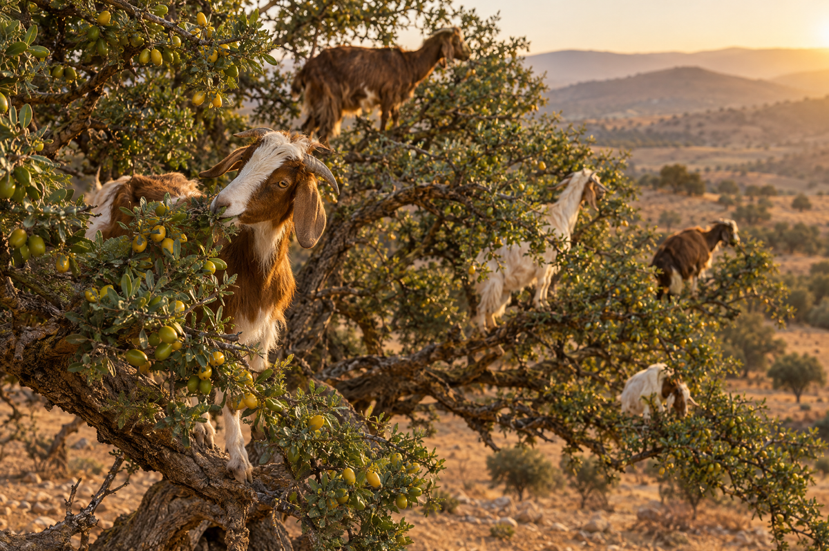Goats browsing in the branches of an argan tree in southwestern Morocco at golden hour