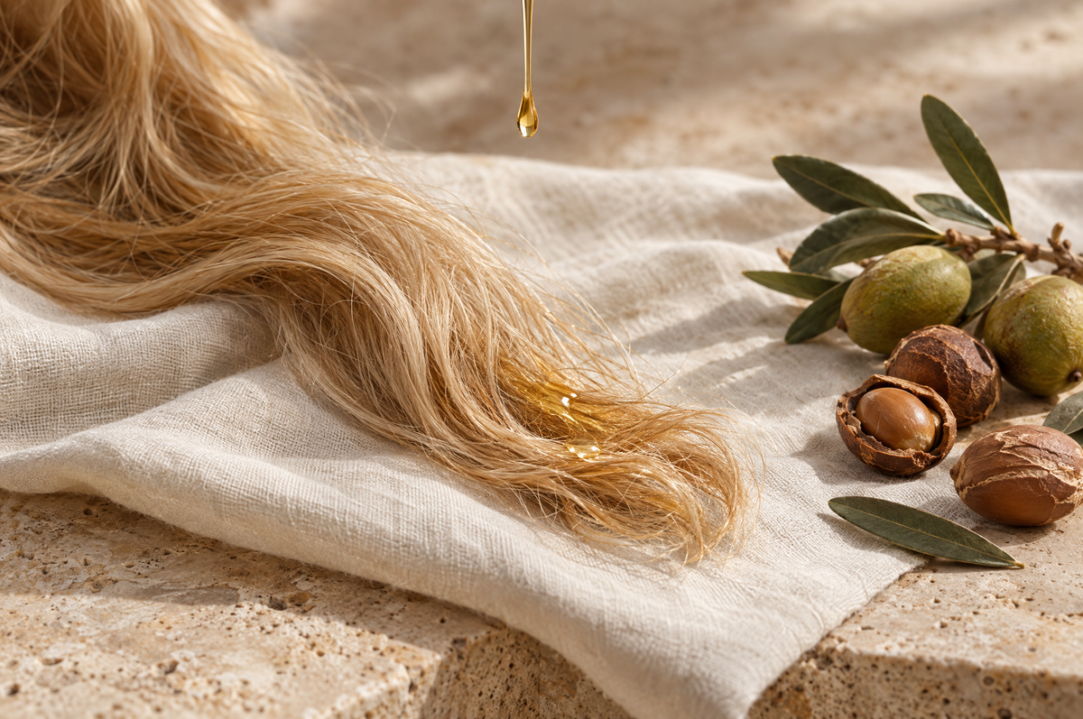 A drop of oil falling onto the ends of a blonde lock of hair, illustrating argan oil for dry hair