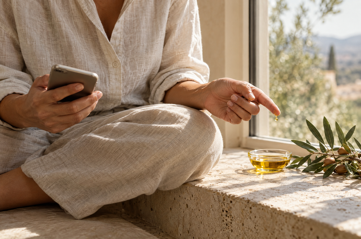 Person reading on a phone by a window with a drop of argan oil on a fingertip, researching argan oil questions