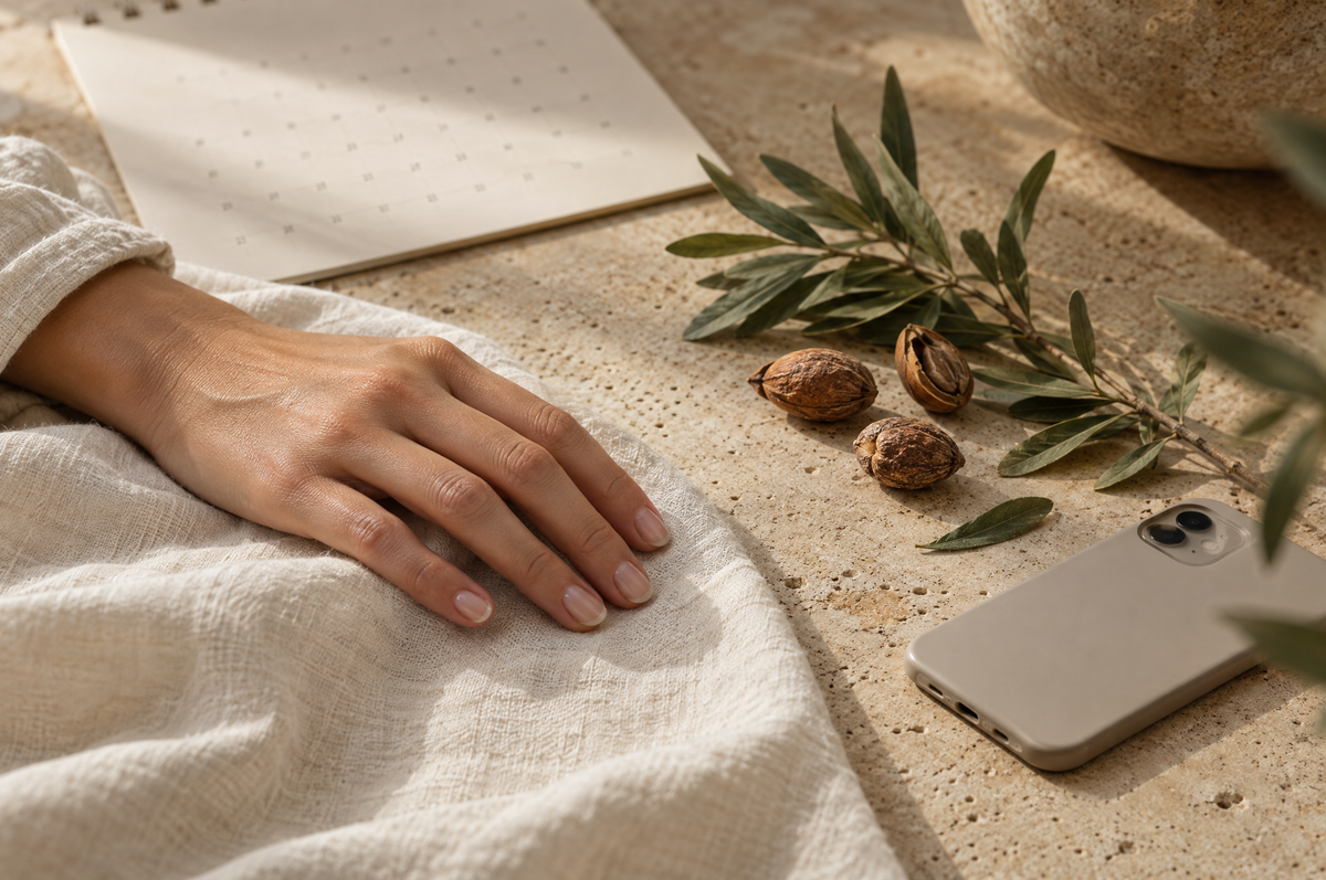 Relaxed hand with natural nails beside argan leaves and a calendar, illustrating argan oil before and after timelines