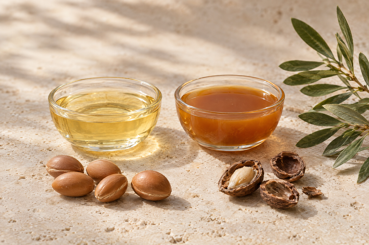 Two dishes comparing a pale golden oil and a cloudier copper oil, showing how to tell if argan oil is real
